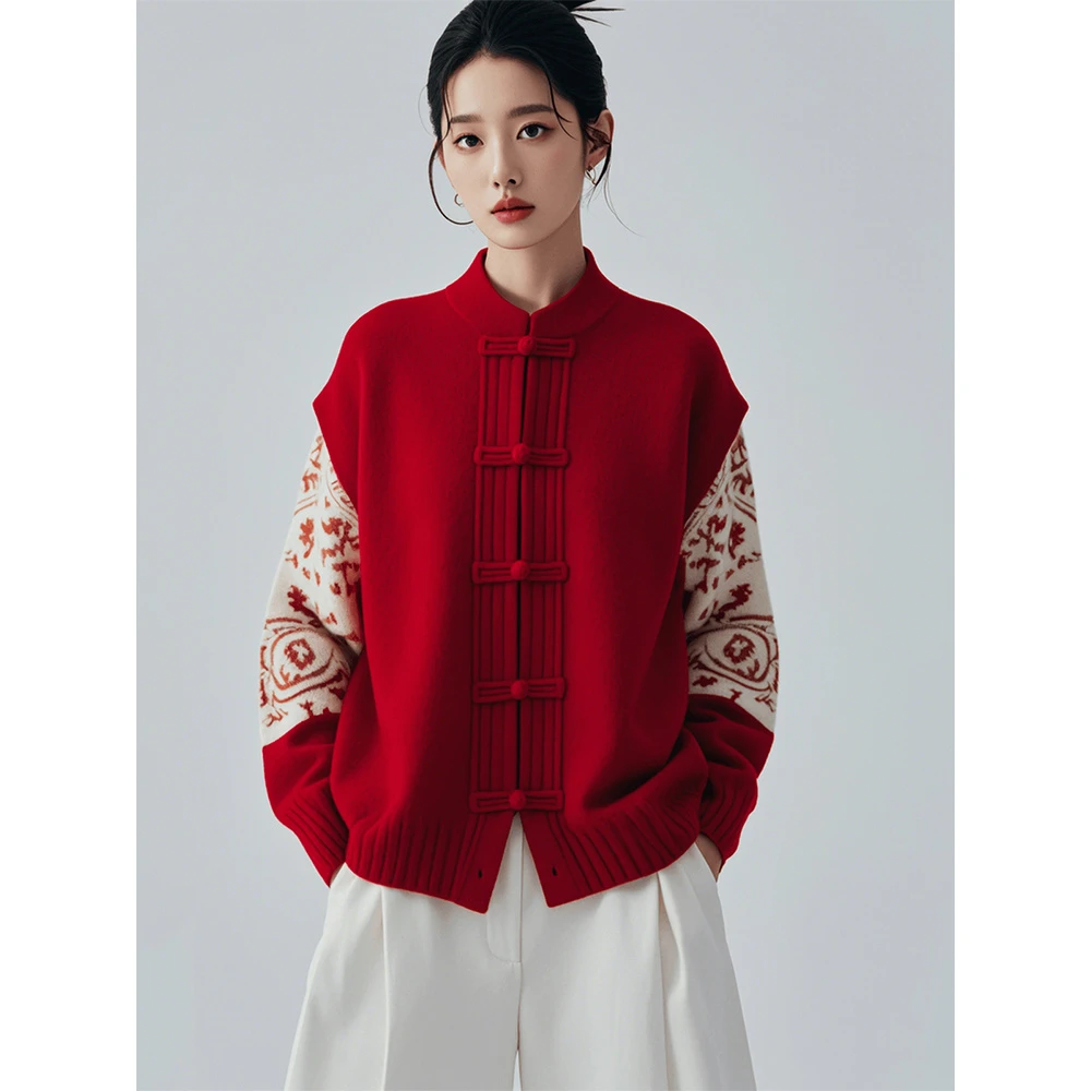 新年新中式国风设计感复古宽松针织开衫毛衣上衣女装秋冬季本命年