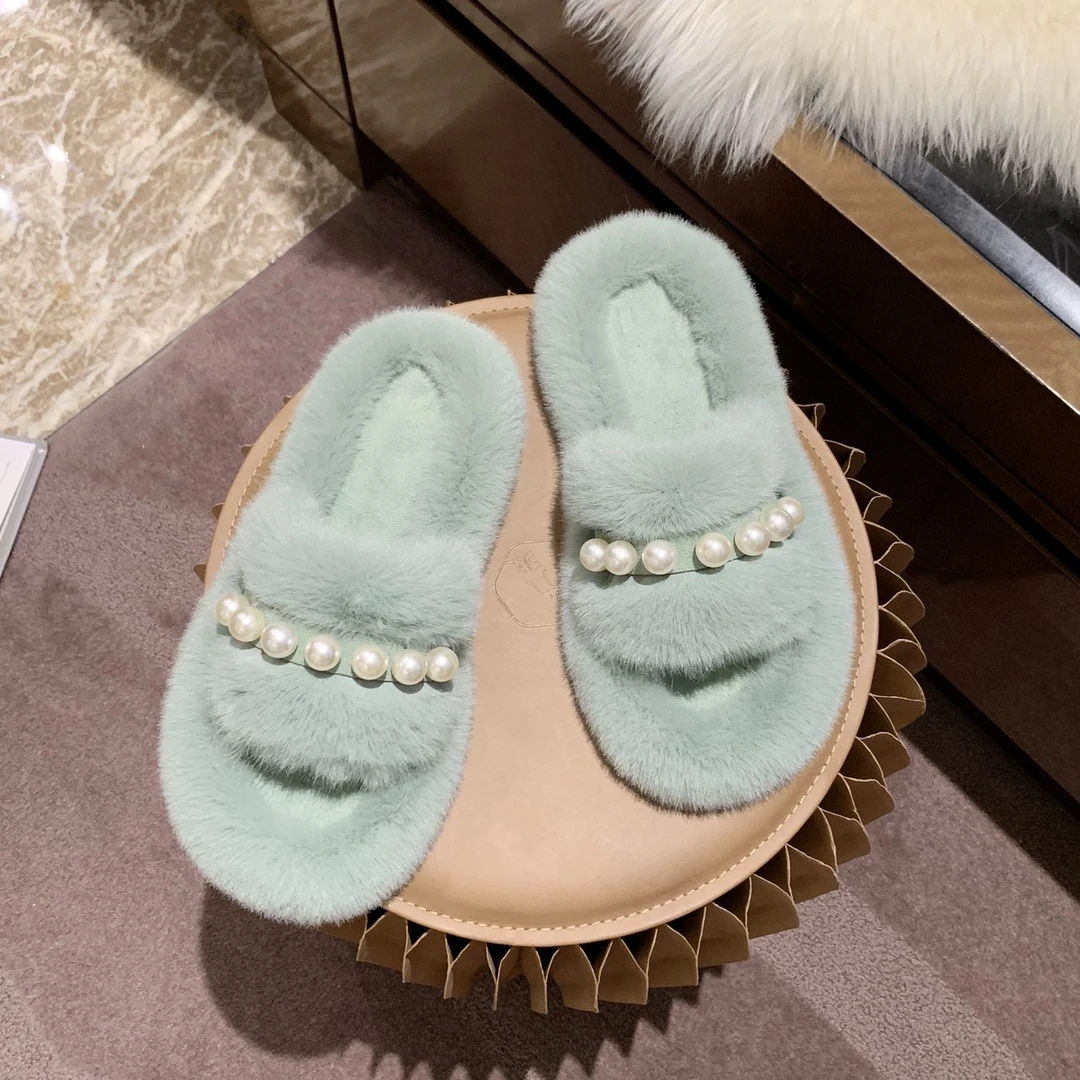 毛绒一字拖女2025秋冬爆款珍珠毛毛拖鞋仙女风时尚绒绒拖鞋ins潮