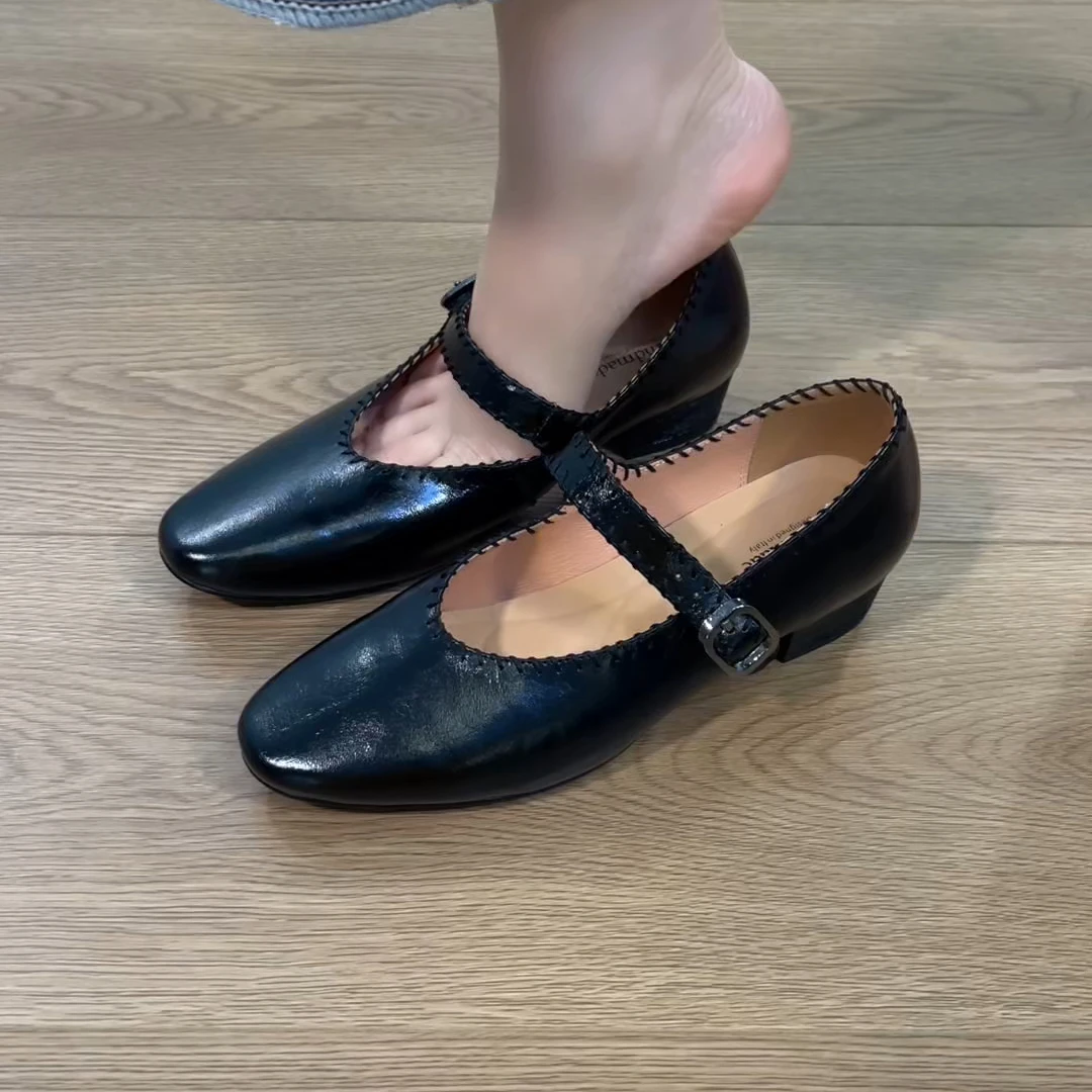2025新款粗跟设计小众油蜡牛皮通勤复古做旧擦色百搭玛丽珍单鞋女