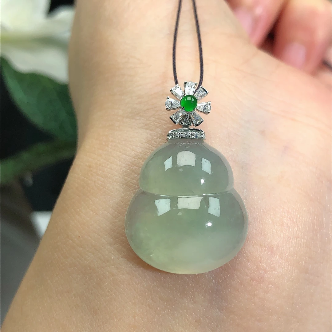 天然缅甸A货翡翠18K金镶老坑冰润起胶晴底葫芦吊坠22*18*7.3