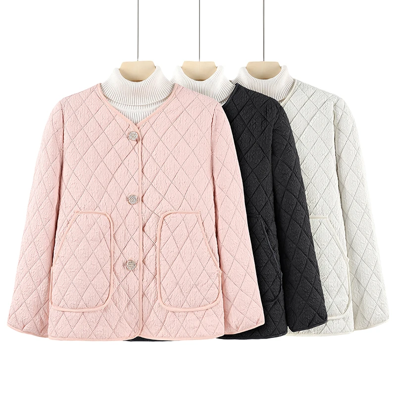 短款加厚女菱格显瘦短棉服修身型上衣女士棉衣加绒轻薄款