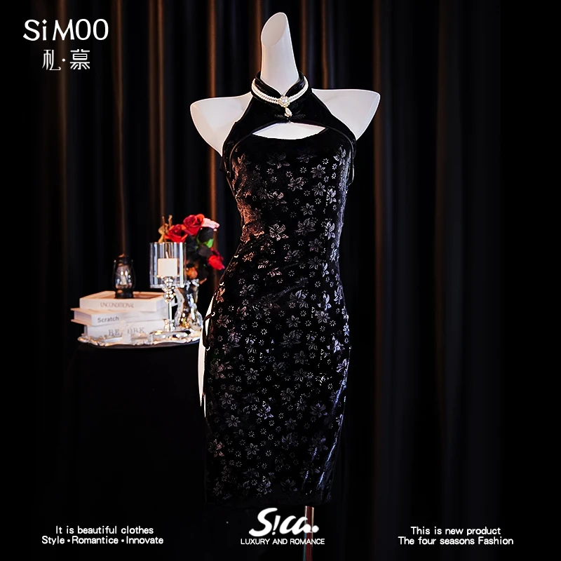 国风旗袍网红直播压花丝绒绑带开衩修身性感睡裙黑色纯欲吊带背心