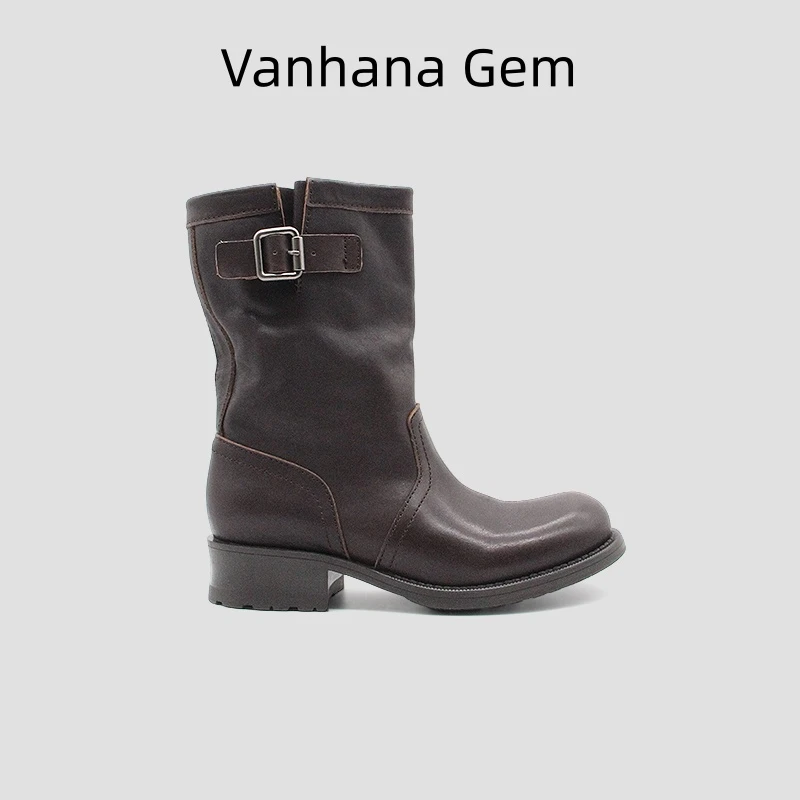 VANHANA GEM复古牛仔靴低跟短靴秋季中筒女靴真皮时尚圆头靴