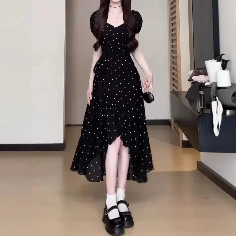 黑色波点开叉连衣裙子女夏季2025新款千金贵气名媛风女装小众长裙