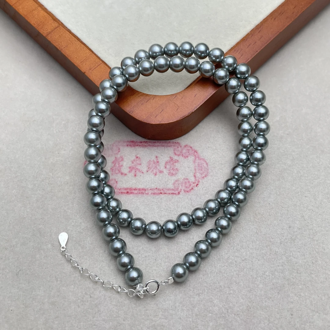 链子925银 6mm灰色珠珠项链D1494 MD