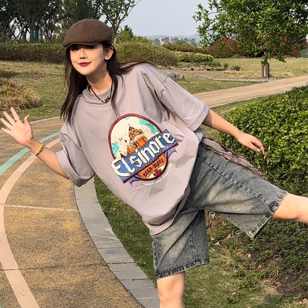 橘子罐头新款休闲百搭显瘦潮酷美式情侣印花T恤