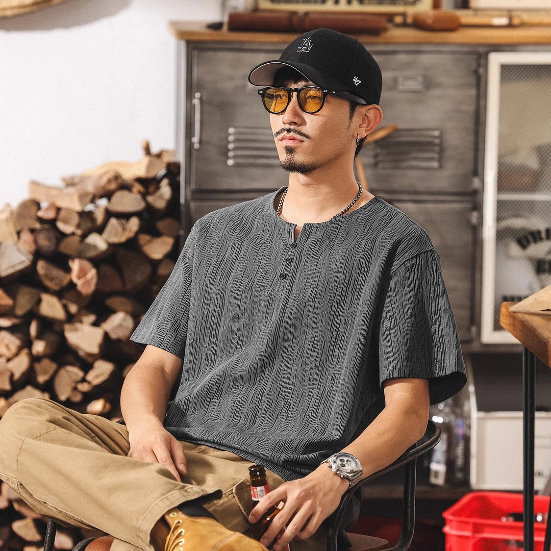 中式复古树纹肌理感亨利短袖T恤男夏季新款美式宽松重磅Polo衫