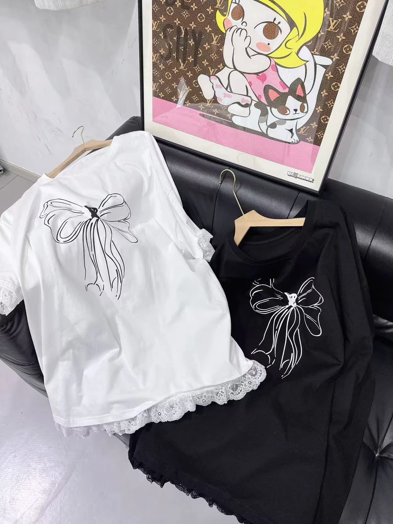 W阿薇-蝴蝶结蕾丝边半袖