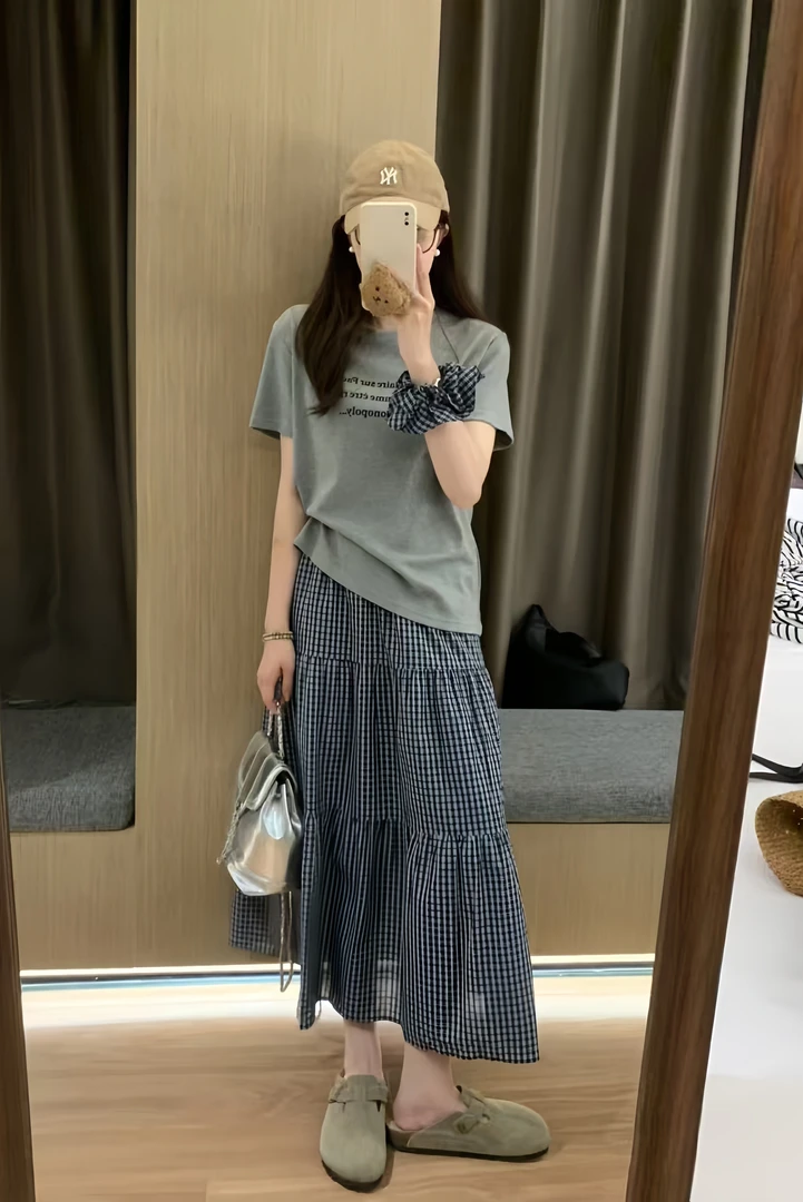 女装夏装套装2025新款爆款韩系复古短袖上衣格子高腰大摆半身裙子