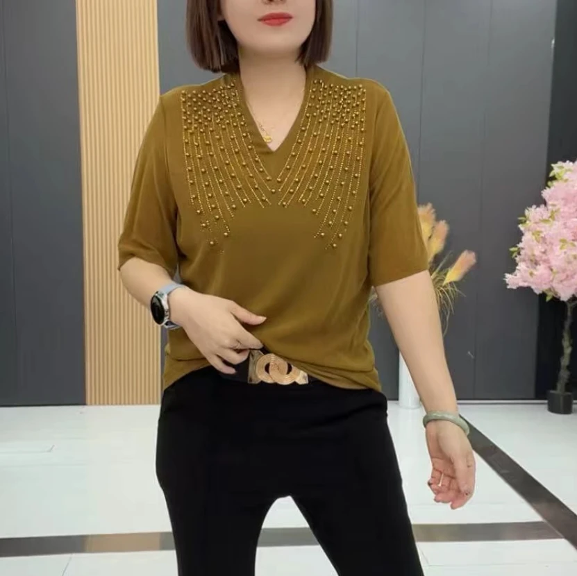 梦梦家2371款时尚洋气v领显瘦休闲百搭重工半袖衫