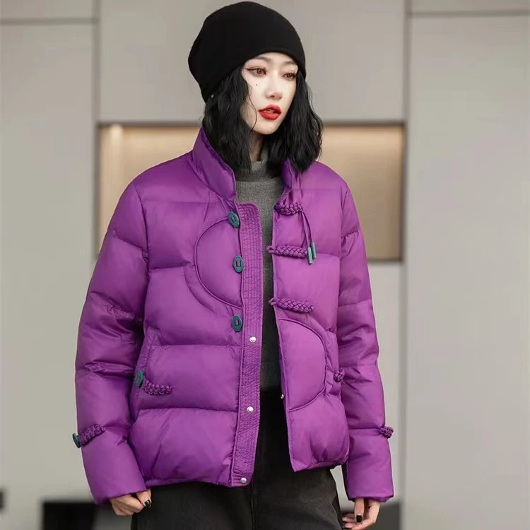 2025冬季新款 文艺复古拼接琵琶扣白鸭绒短款立领中式羽绒服女