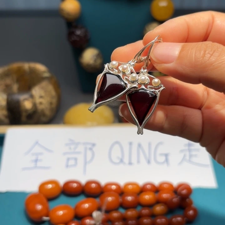 琥珀未镶嵌耳饰波兰设计款银镶嵌琥珀蜜蜡