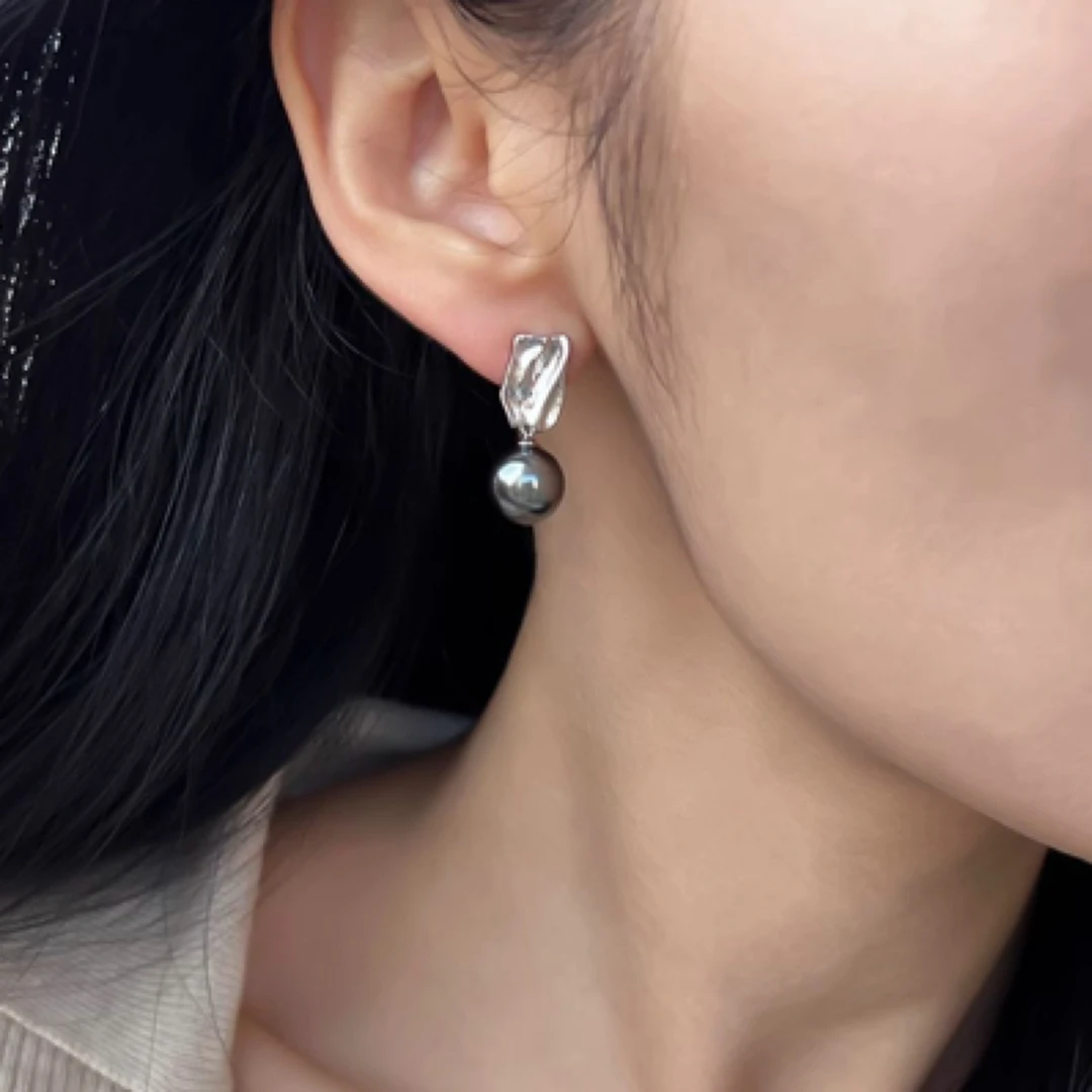 925银银制品 冷淡法式褶皱珍珠吊坠耳环高级感气质复古百搭耳饰女