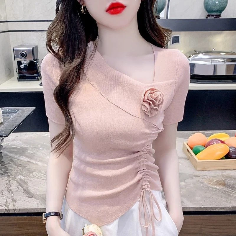 2025短袖T恤女V领条纹衫夏装新款上衣服大码女装半袖