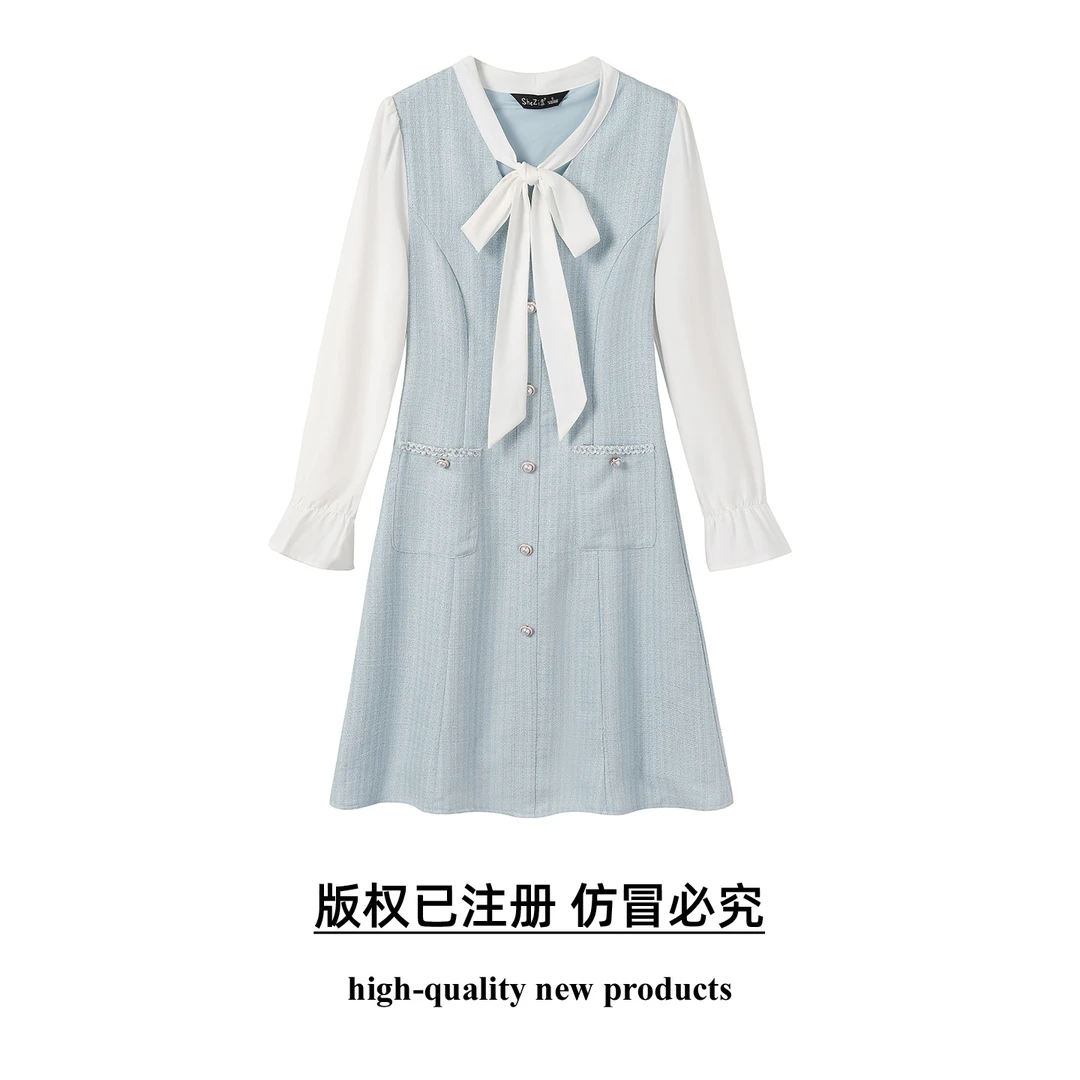奢姿大码女装2025秋季减龄蝴蝶结V领连衣裙胖妹妹小香风拼接裙子