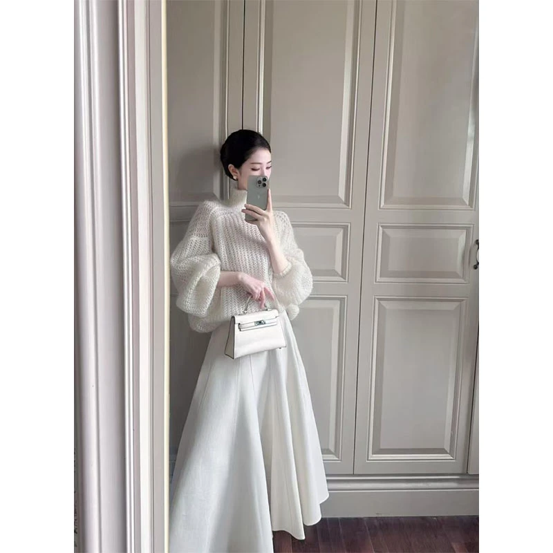 极简风时尚套装秋冬新款针织半高领休闲百搭长袖上衣大裙摆半身裙