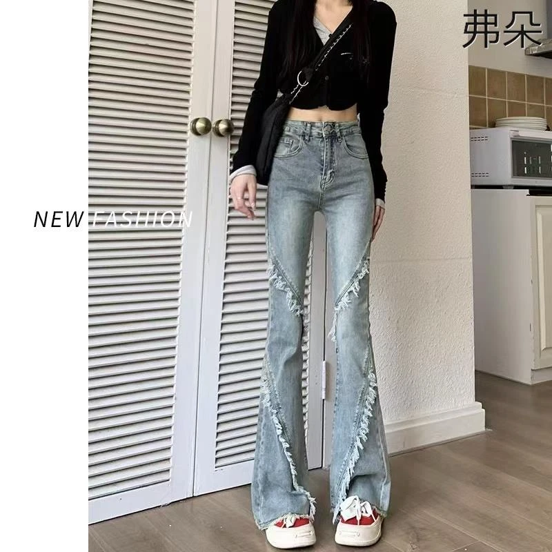 高街弹力微喇牛仔裤女小个子学生夏薄款高腰显瘦拖地马蹄喇叭裤子