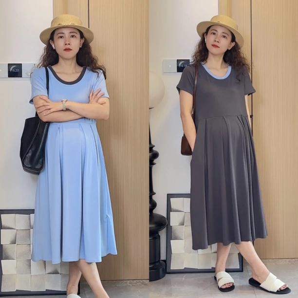 梨形身材穿的孕妇装夏季法式短袖宽松假两件大摆中长款连衣裙