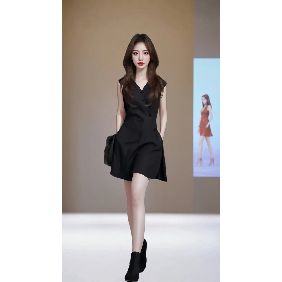 黑色V领收腰无袖连衣裙女夏季2025年冷淡系大方得体的裙子