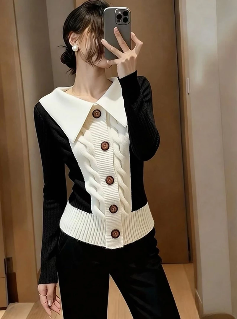 SS5647巨好看穿搭独特漂亮上衣小众设计感时尚洋气黑色针织开衫