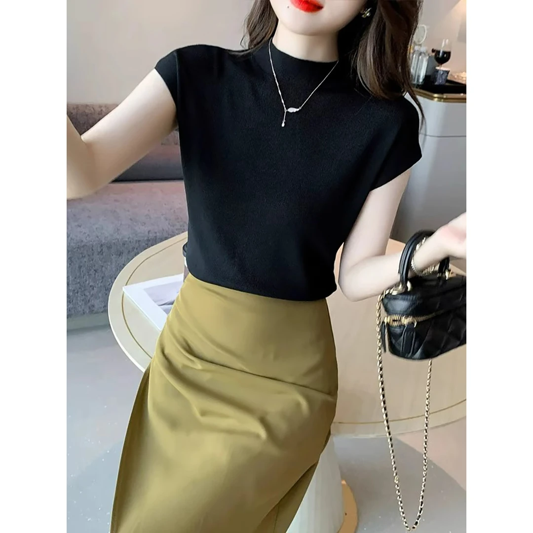 黑色透气薄款圆领短袖针织衫2025夏季新款宽松显瘦冰丝T恤上衣女