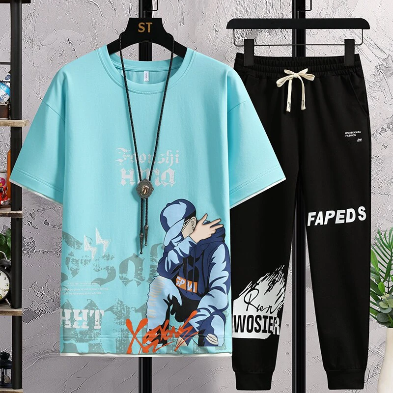 初高中生休闲运动冰丝套装男孩夏季潮流ins薄款夏装印花短袖T恤