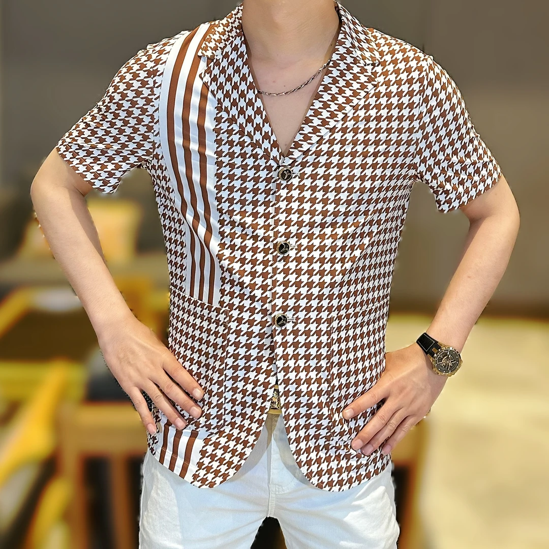 2025夏季新款男士休闲高品质个性休闲撞色条纹印花西服短袖衬衫