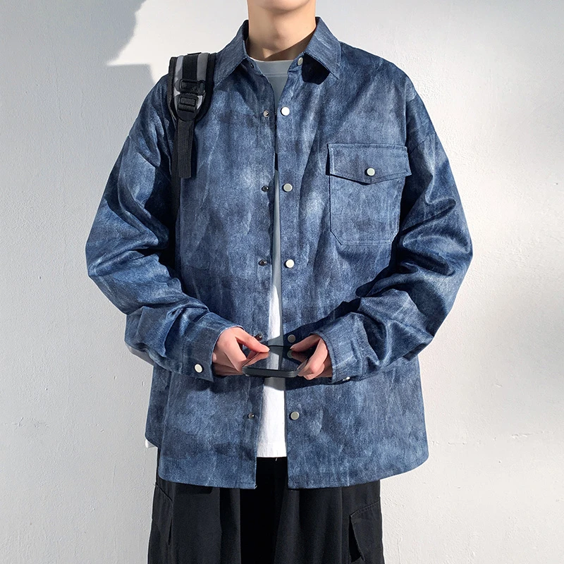 森铂男士新款秋季时尚宽松衬衫翻领潮流雪花布休闲长袖衬衣62502