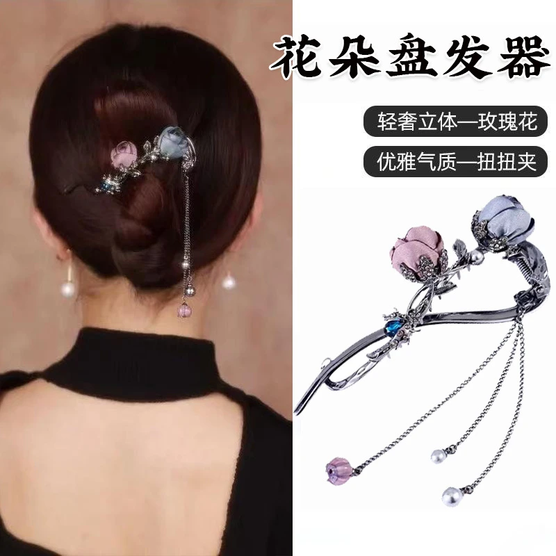 爆款网红韩版玫瑰花朵扭扭夹轻奢气质铜合金发夹发饰旗袍古风发卡
