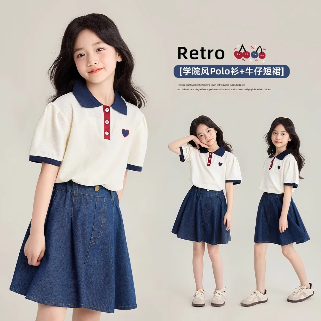 女童学院风套装2025新款儿童夏季牛仔短裙大童女孩时髦短袖polo衫