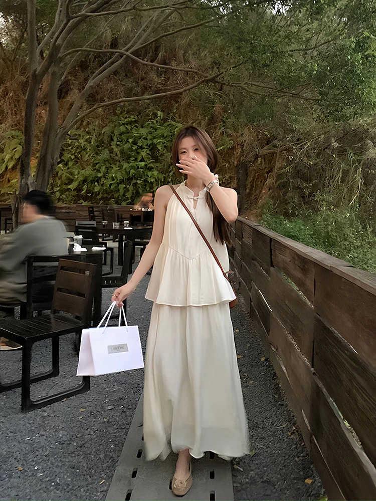 清冷风杏色假两件无袖连衣裙女新中式宽松显瘦仿天丝长裙新款