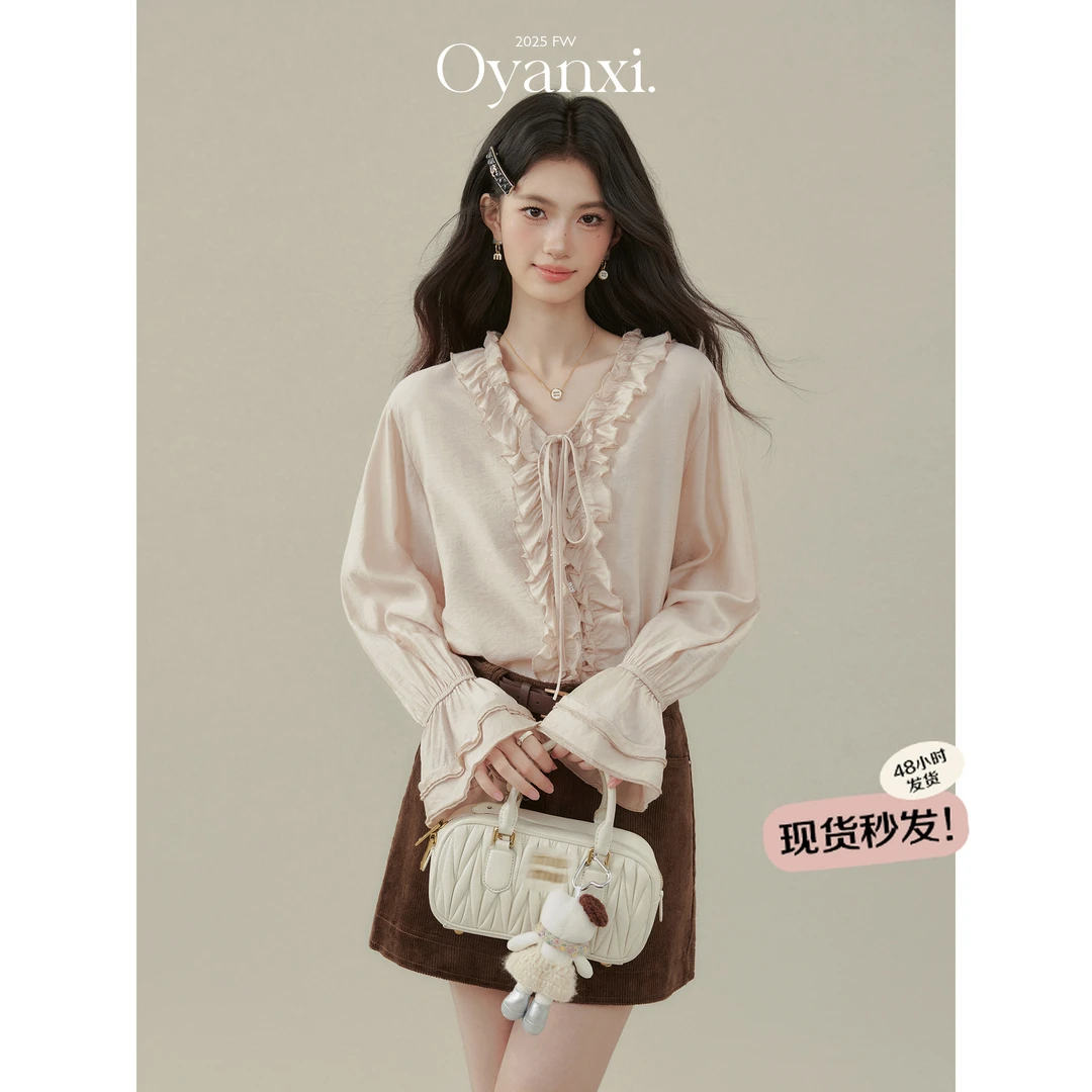 欧阳喜【小艺术家】秋季气质法式V领衬衫荷叶边温柔感衬衫