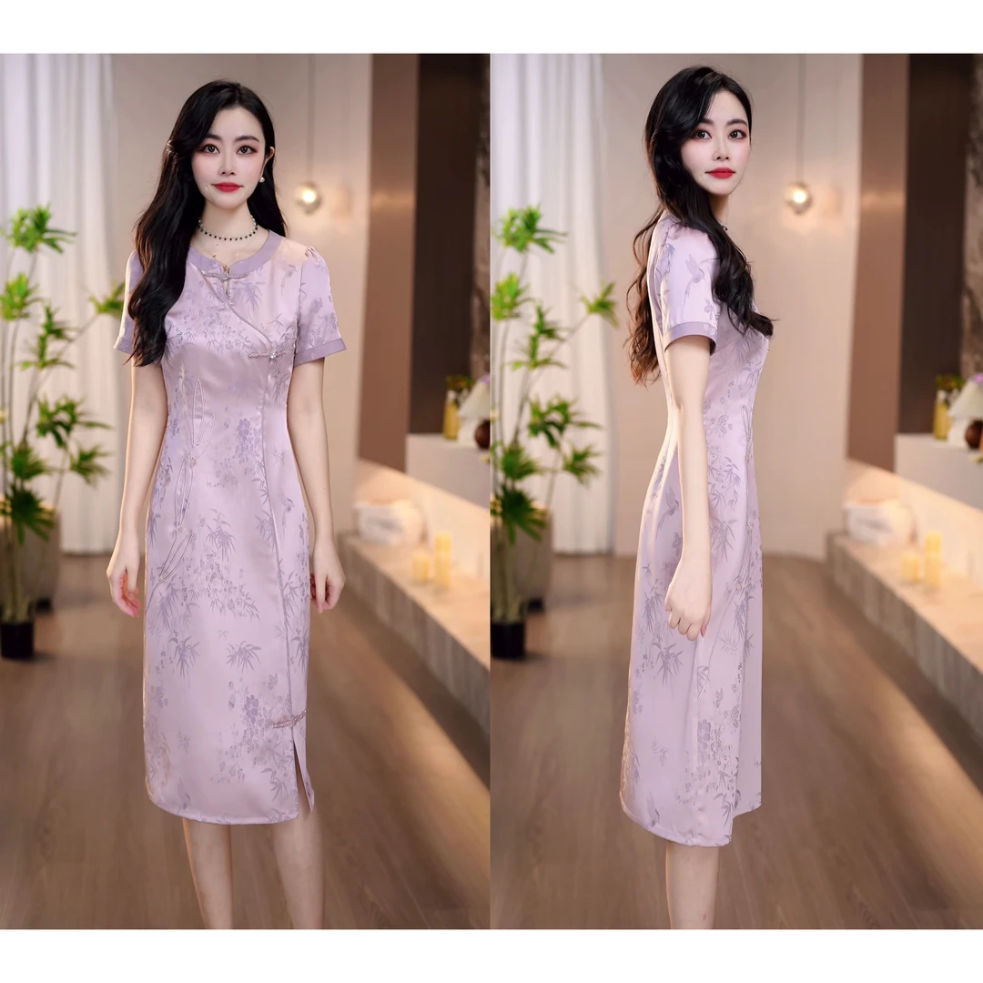 2025夏季新款粉紫色缎面提花新中式旗袍减龄显瘦气质连衣裙M-4XL