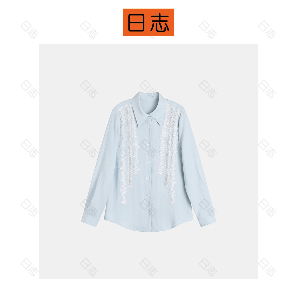 PIPO【含亚麻】春季新款气质休闲蕾丝拼接花边长袖衬衫百搭DD51O334