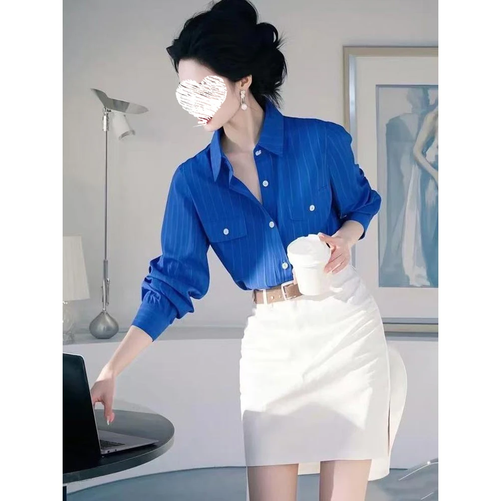 2025夏季新款克莱因蓝polo领长袖衬衫女小众洋气个性百搭法式上衣