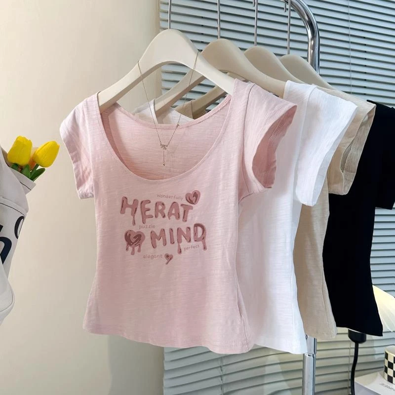 竹节棉粉色u领短袖t恤女2025新款夏季薄款设计感露锁骨修身上衣潮