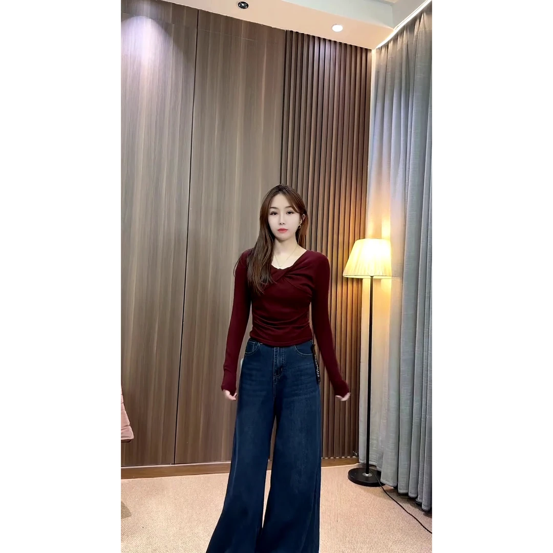 欧货新款时尚简约掐褶收腰扭结V领长袖T恤