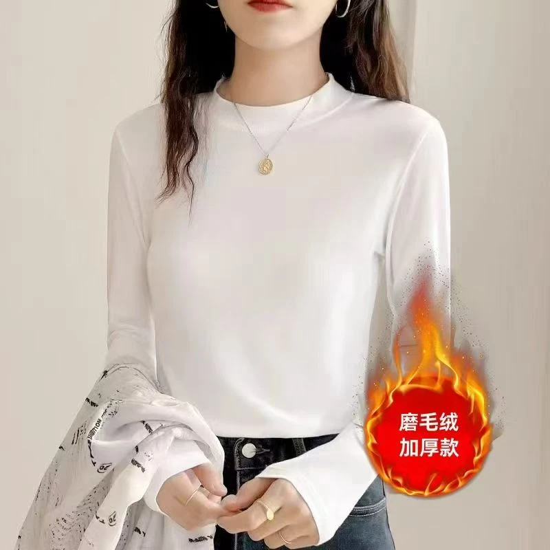 【小立领】秋季长袖打底衫女内搭加绒保暖百搭纯色中领T恤上衣2882