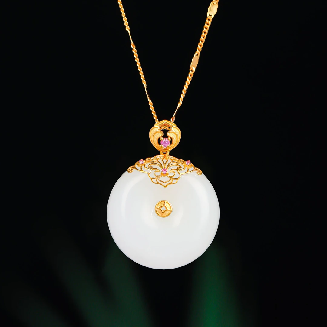 【五周年】毕业一级俄白18K金25*9.8mm白玉平安扣HNZ13468