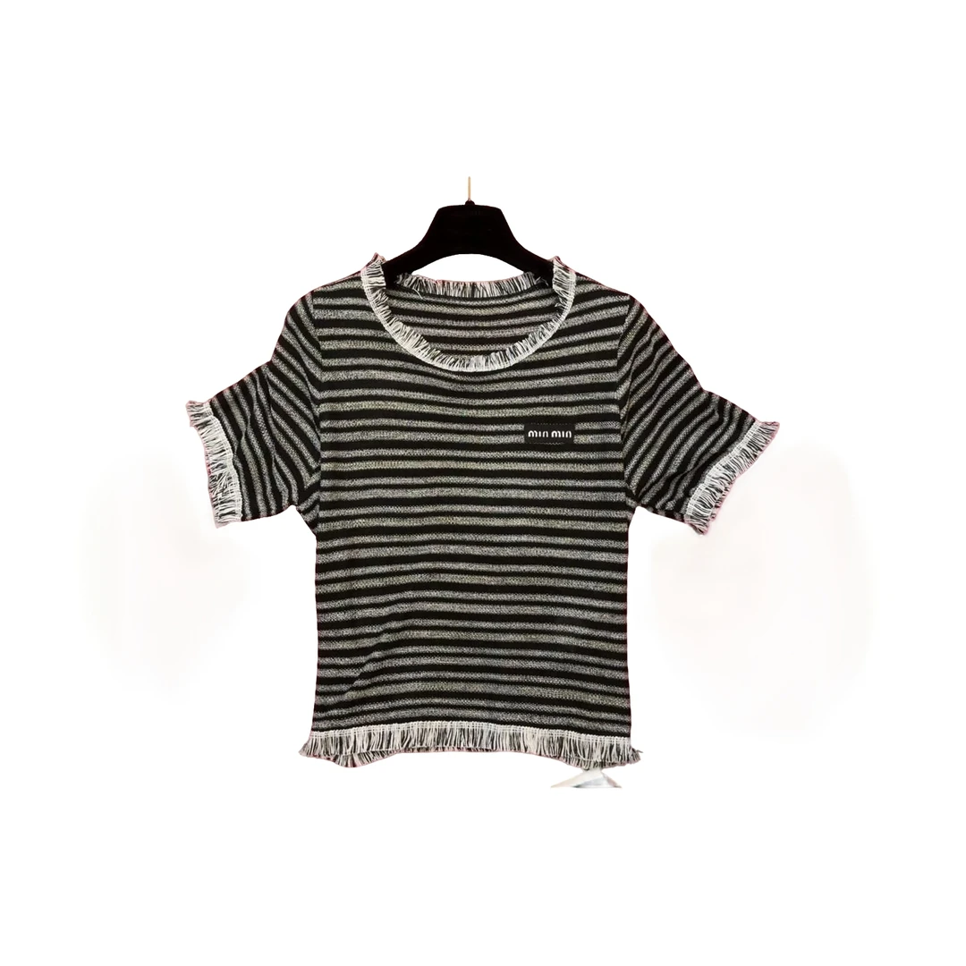 韩系设计感流苏短袖针织女夏季新款条纹休闲女上衣8827