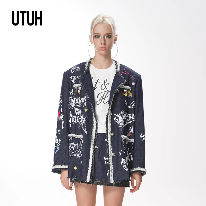 UTUH 蓝色手绘涂鸦小香风牛仔外套女 TUWWS1W015