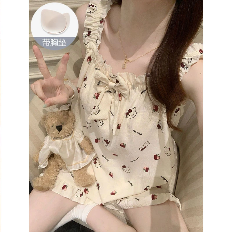 带胸垫睡衣女款夏季2025新款卡通云朵棉吊带可外穿睡衣女士家居服
