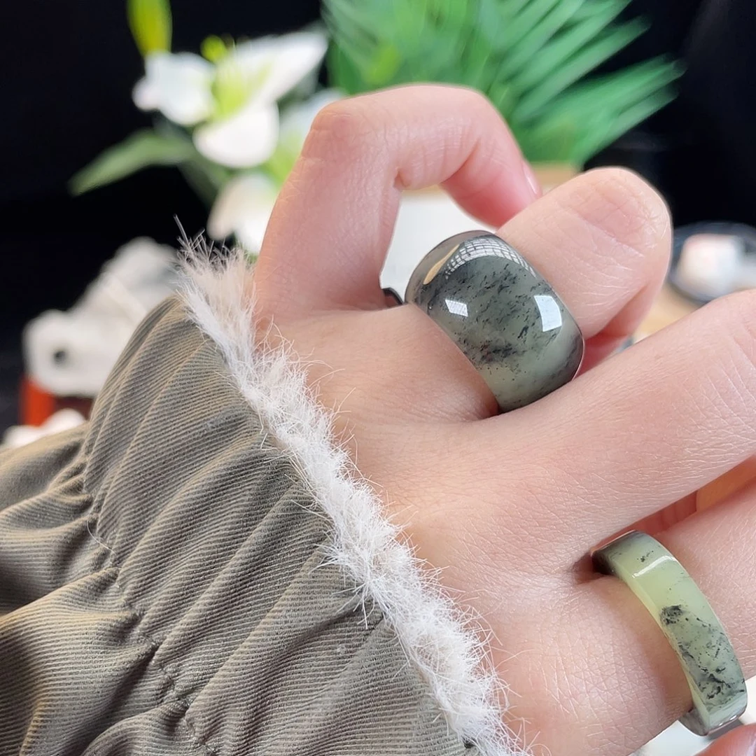 和田玉未镶嵌戒指E51青山绿水墩墩17.1