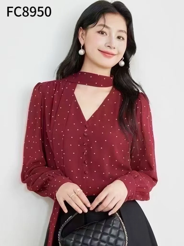 靓丽阁2025春季新款波点蝴蝶结雪纺衫女长袖衬衫