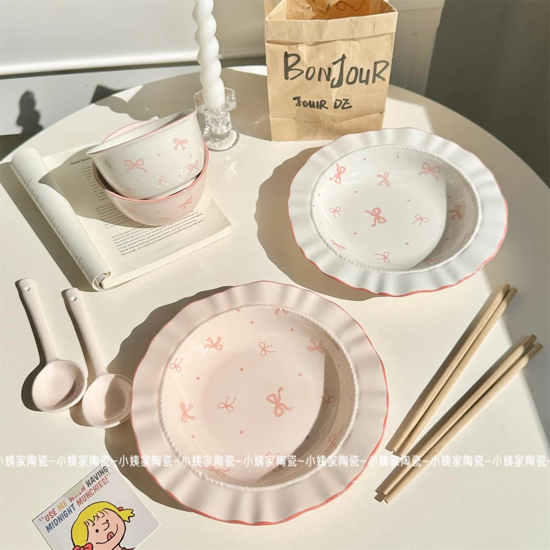200【两人食】粉色白色蝴蝶结2盘2碗2勺(送2双筷子) 碗盘可爱餐具