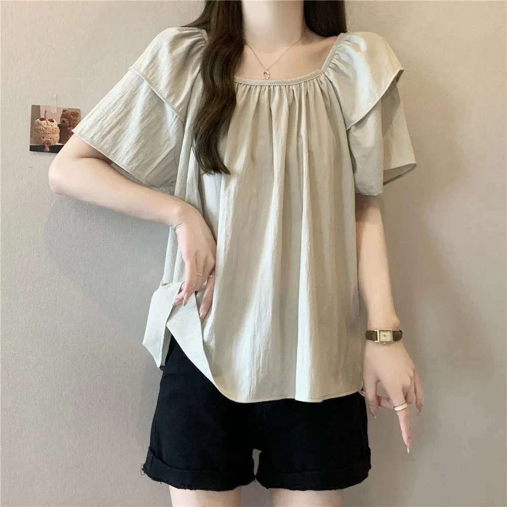 大码甜美风复古方领短袖衬衫女夏季胖mm宽松显瘦遮肚百搭小众上衣