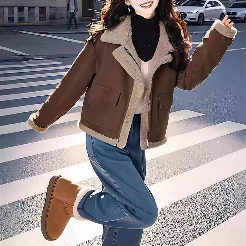 职业阿玛诗官2025秋冬新款小香风外套咖色皮毛一体短款加厚外套女