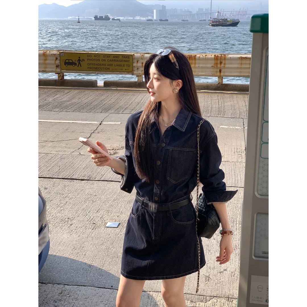 夏诗文 全棉假两件设计短款收腰牛仔长袖连衣裙女秋