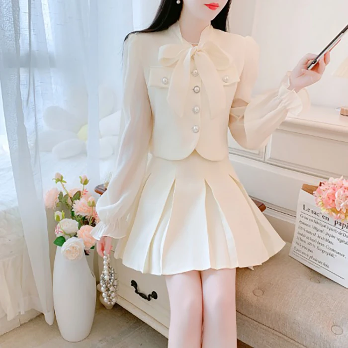 秋冬季新款法式名媛高级感两件套装裙小香风蝴蝶结衬衣高腰短裙女