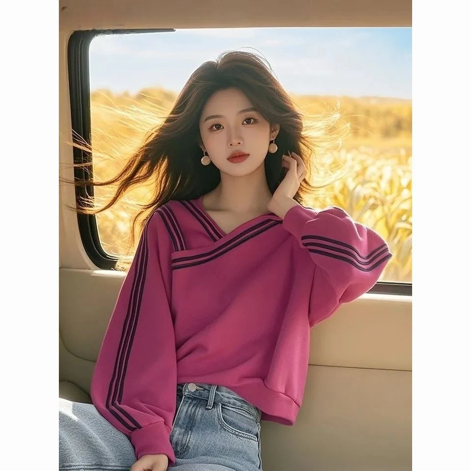 设计感条纹V领卫衣女年春季新款复古设计感小众别致长袖上衣